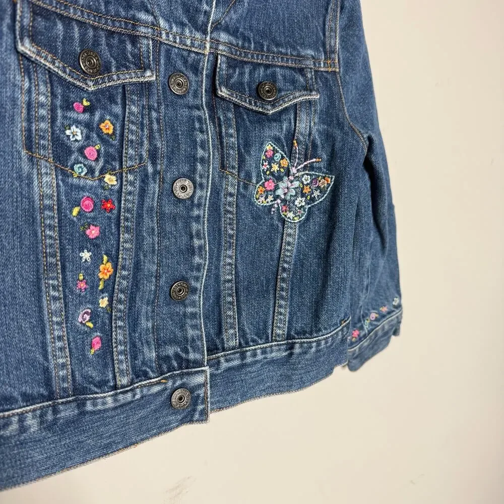 Gap Girls Embroidered Jean Jacket XS Denim Blue Collared Floral Butterfly Y2K